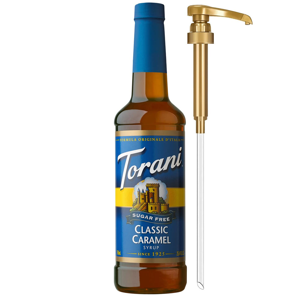 Torani Sugar Free Classic Caramel bottle showcasing calorie-free coffee flavor.