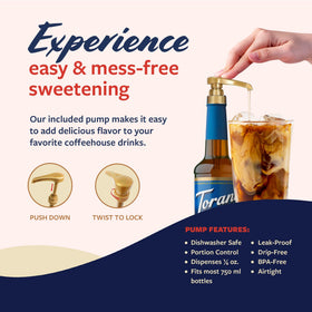 Torani Sugar Free Classic Caramel bottle closeup with BPA-free label.