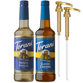 Torani sugar-free classic caramel syrup bottle on countertop