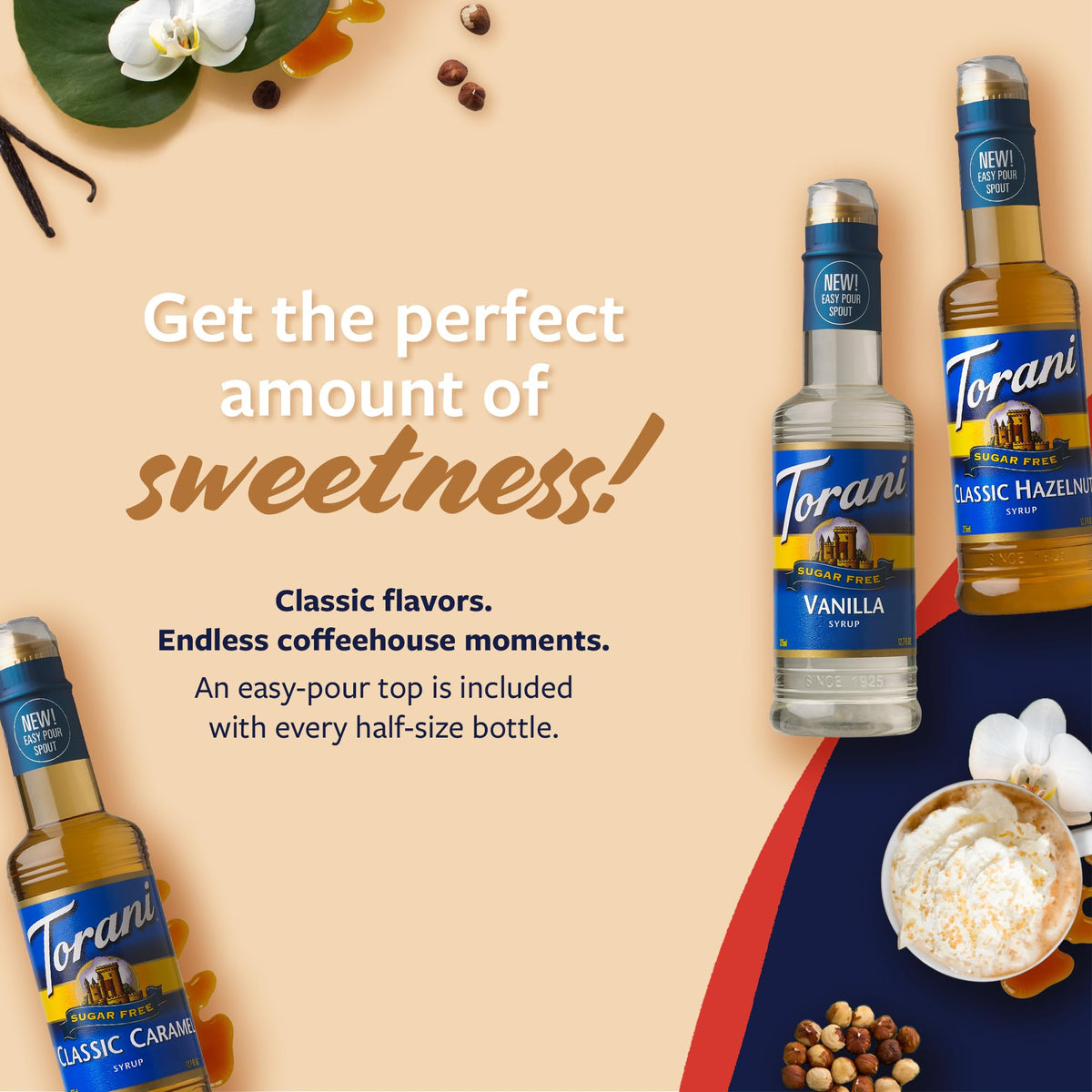 Torani sugar-free classic hazelnut syrup bottle with warm aroma
