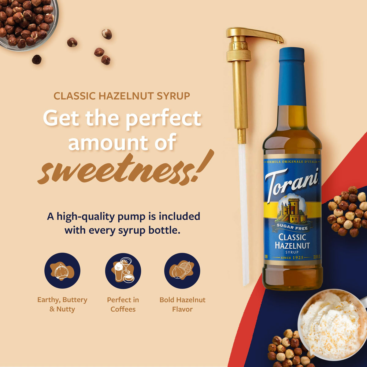 Torani Sugar-Free Classic Hazelnut syrup pump enables mess-free sweetening.