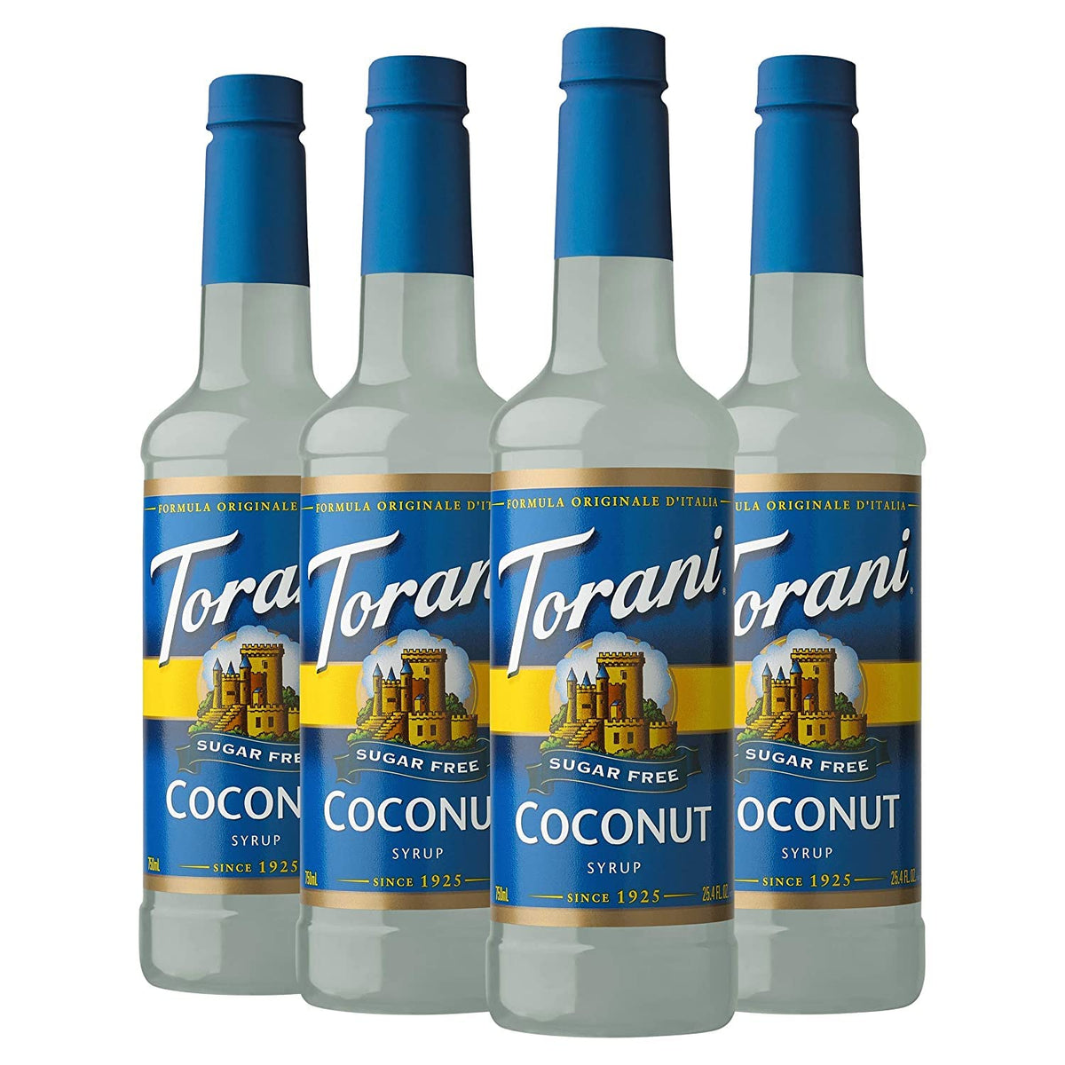 Torani Sugar Free Coconut syrup bottle front shows tropical flavor option