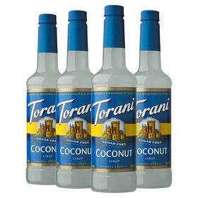 Torani Sugar Free Coconut syrup bottle front shows tropical flavor option
