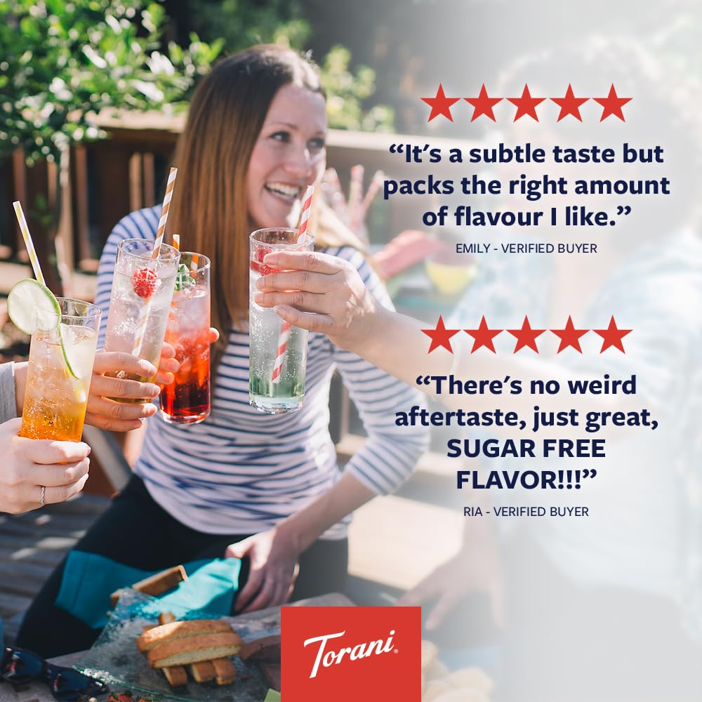 Torani Sugar Free Coconut bottle pours into glass for zero calorie indulgence