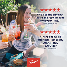 Torani Sugar Free Coconut bottle pours into glass for zero calorie indulgence