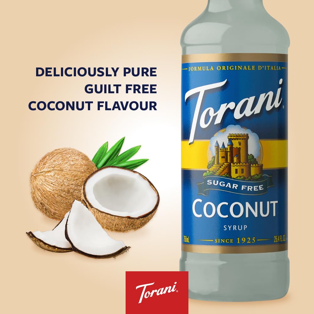 Close-up of Torani Sugar Free Coconut label highlighting keto-friendly option