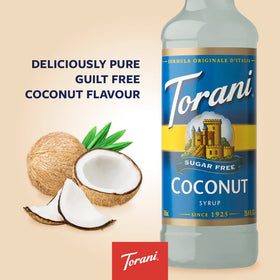 Close-up of Torani Sugar Free Coconut label highlighting keto-friendly option