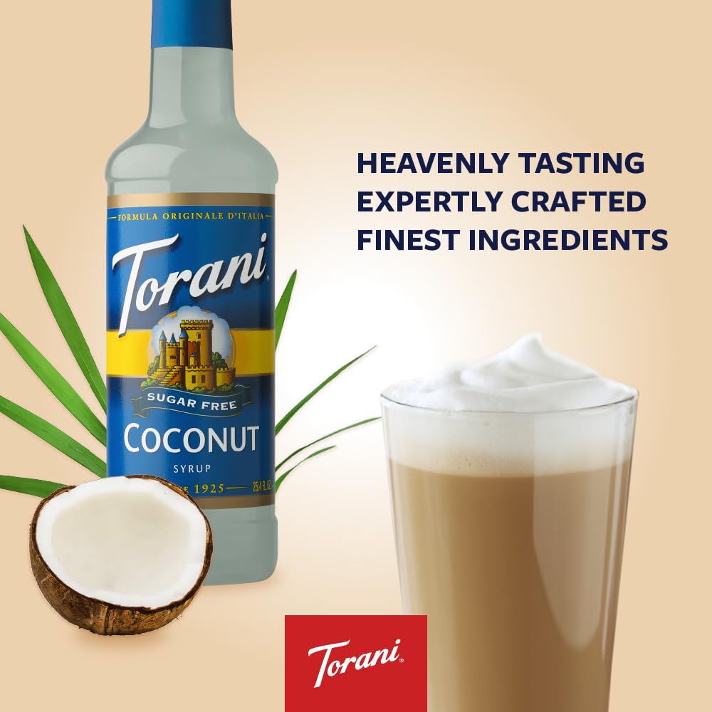 Torani Sugar Free Coconut four-pack displayed on shelf
