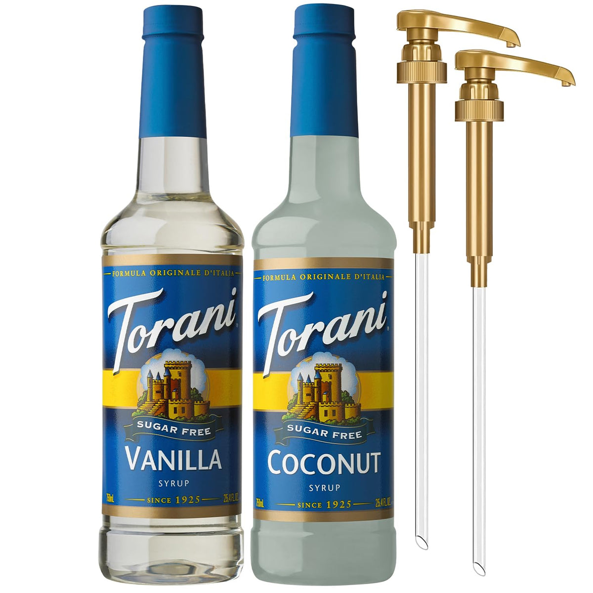 Torani Sugar Free Coconut Syrup 2-Pack bottle front, tropical flavor for coffee without sugar