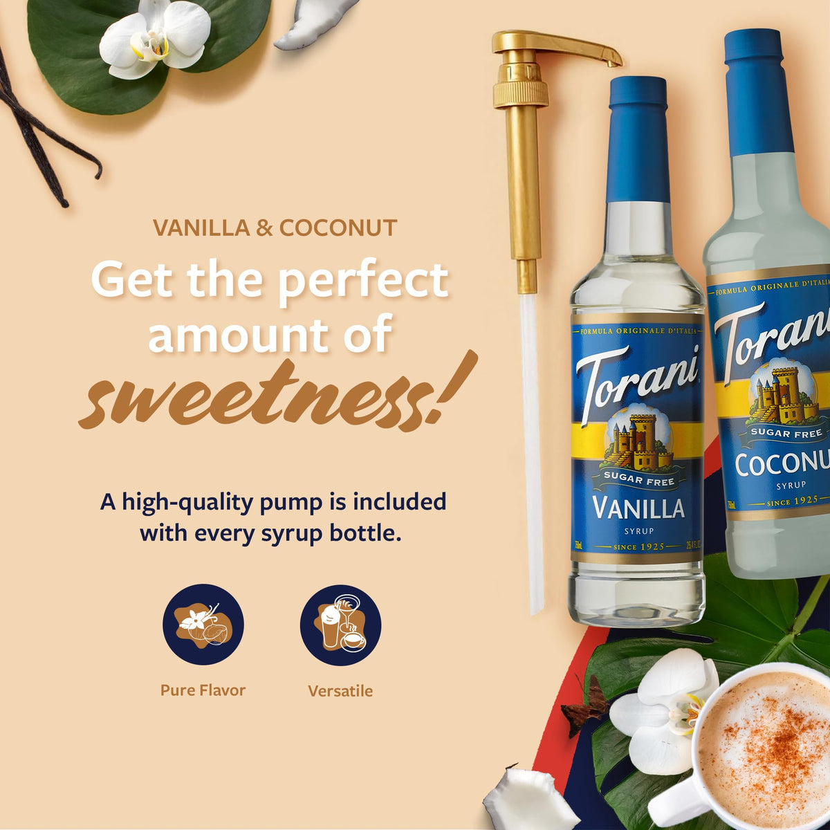 Torani Sugar Free Coconut Syrup 2-Pack pump close-up, precise pours for beverages