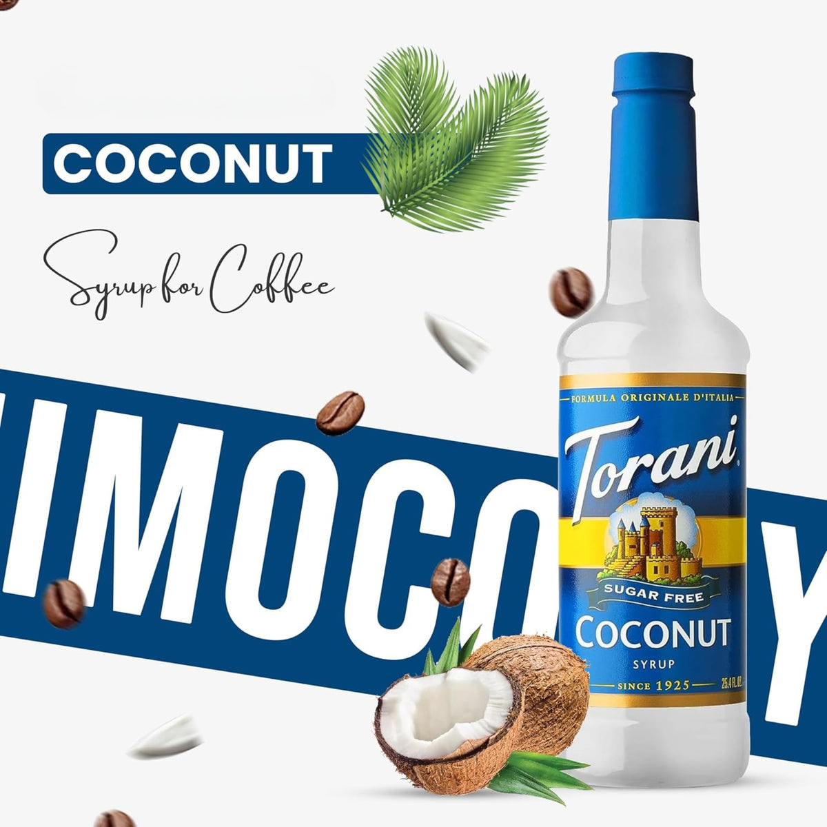 Torani Sugar Free Coconut Syrup bottle front highlighting sugar-free option.