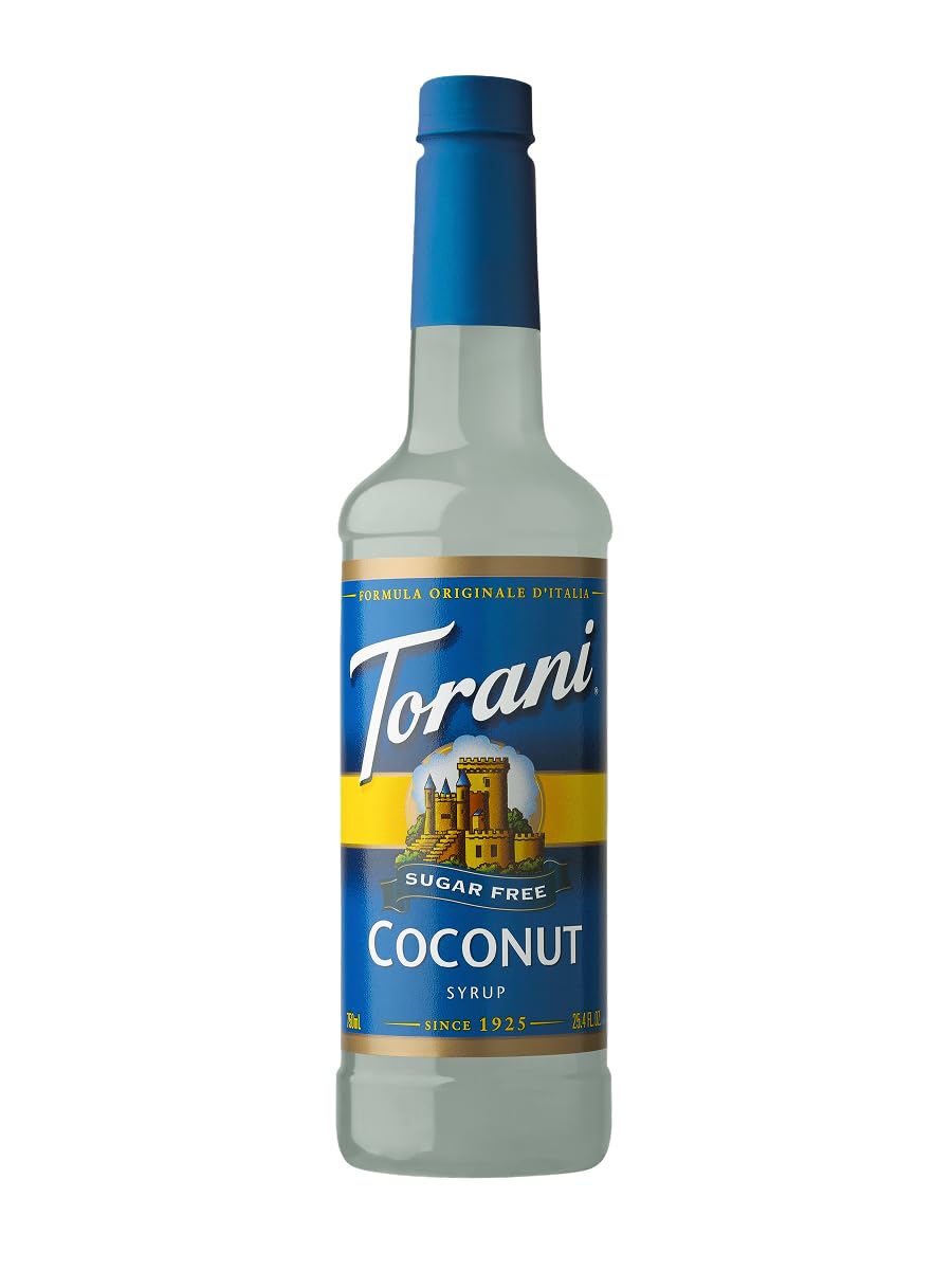 Torani Sugar Free Coconut Syrup bottle pour for tropical coffee flavor