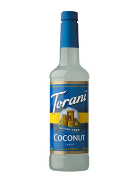 Torani Sugar Free Coconut Syrup bottle pour for tropical coffee flavor