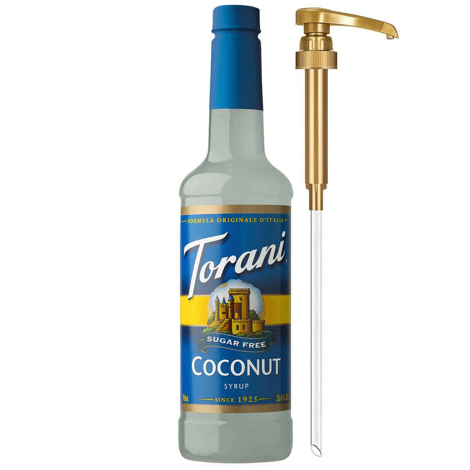 Torani sugar-free coconut syrup bottle ready for flavoring coffee and desserts.