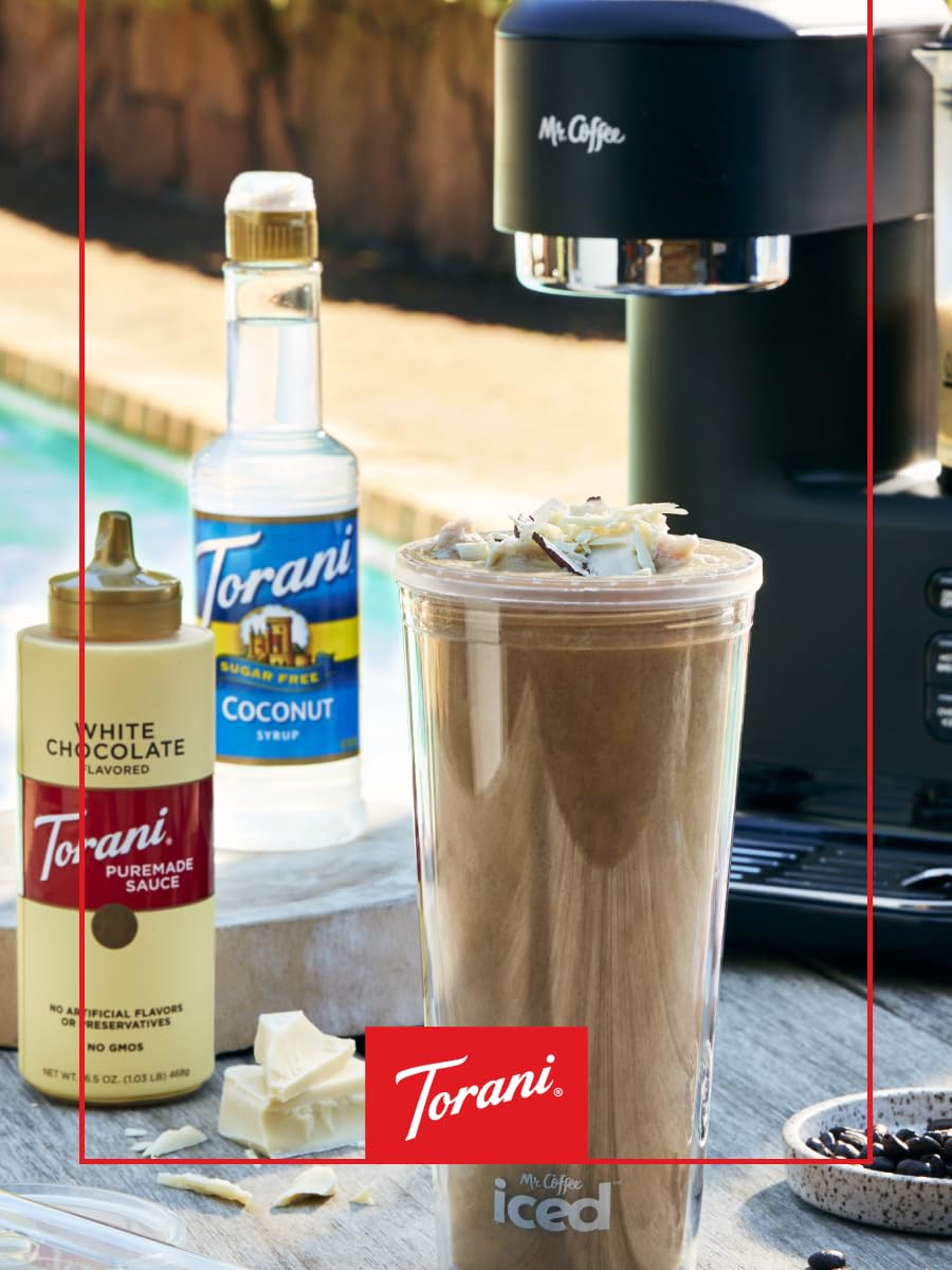 Torani Sugar Free Coconut Syrup over coffee latte for tropical notes