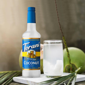 Torani coconut syrup label detail for quick flavor identification.