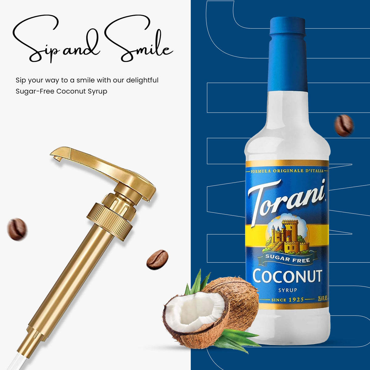 Torani Sugar Free Coconut Syrup pump in action for quick flavoring.