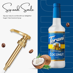 Torani Sugar Free Coconut Syrup pump in action for quick flavoring.
