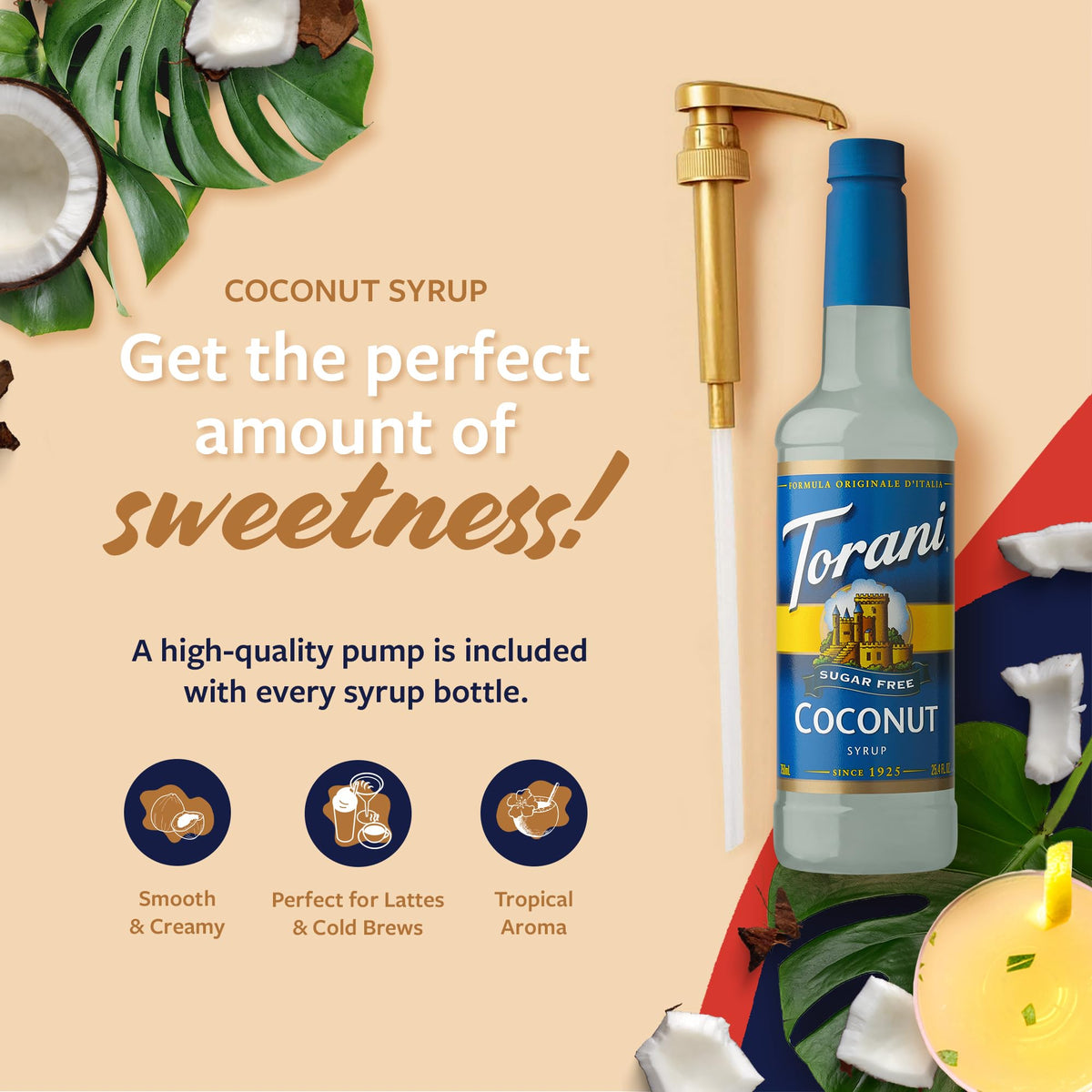 Torani sugar-free coconut syrup pump for mess-free dispensing.