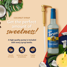 Torani sugar-free coconut syrup pump for mess-free dispensing.