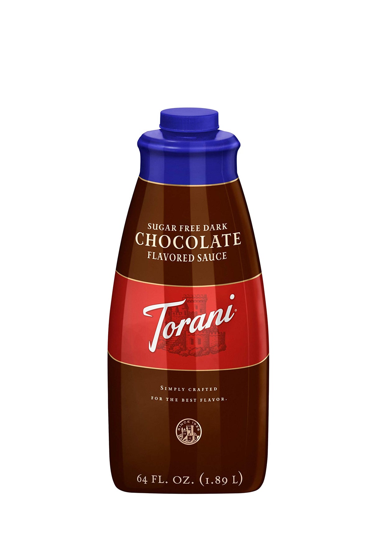 Torani Sugar Free Dark Chocolate Sauce bottle ready to drizzle on desserts.