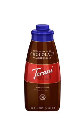 Torani Sugar Free Dark Chocolate Sauce bottle ready to drizzle on desserts.