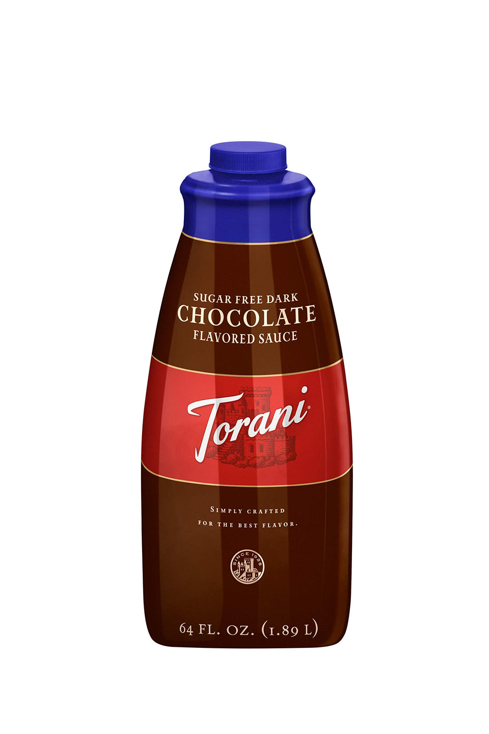 Torani Sugar Free Dark Chocolate Sauce bottle ready to drizzle on desserts.