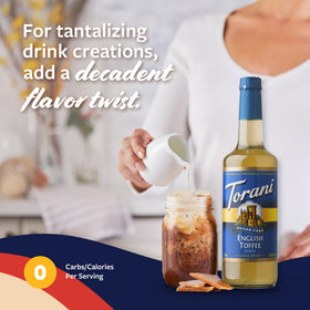 Torani sugar-free English Toffee bottle closeup with pump and glass bottle