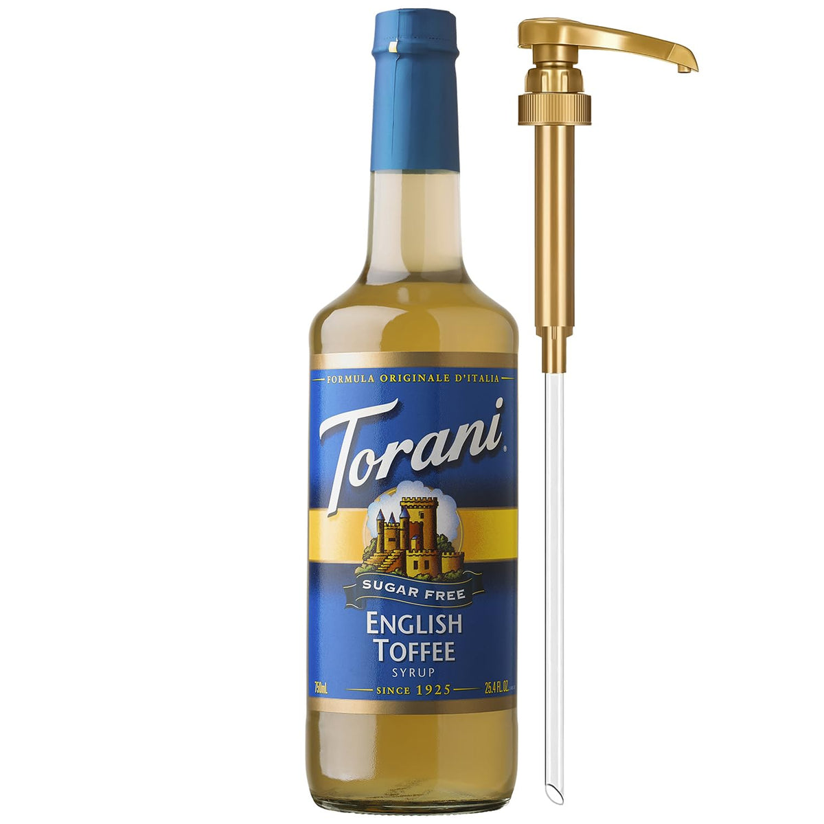 Torani sugar-free English Toffee bottle pour adds rich flavor with zero calories