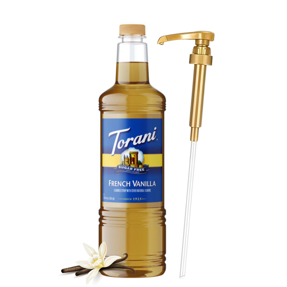 Torani Sugar Free French Vanilla bottle with pump for precise, mess-free flavoring.