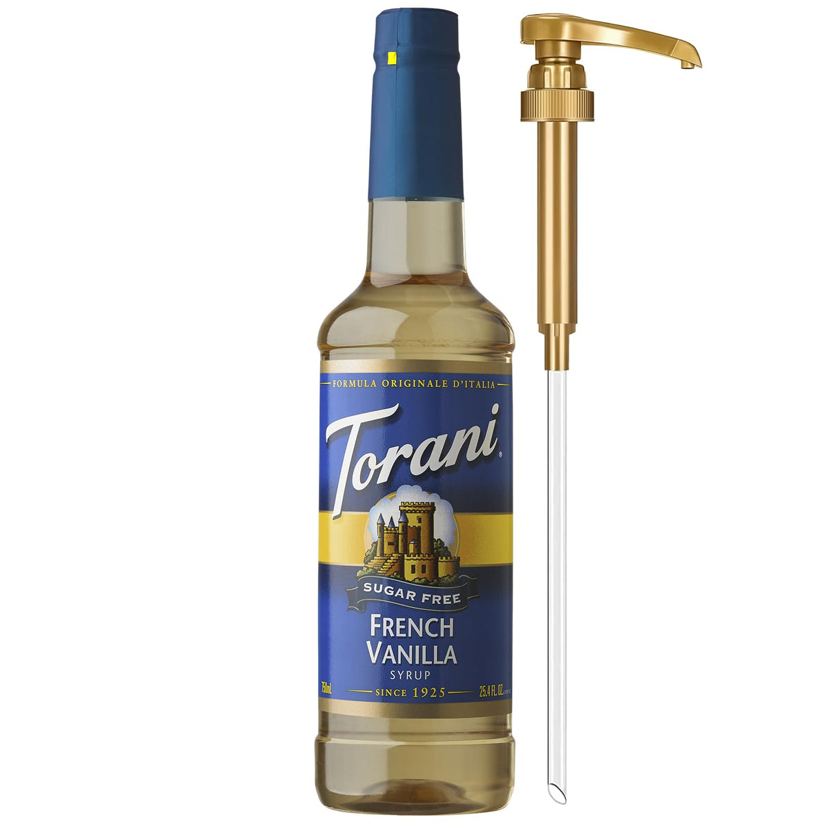 Torani Sugar Free French Vanilla bottle with pump for mess-free flavoring.