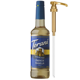 Torani Sugar Free French Vanilla bottle with pump for mess-free flavoring.