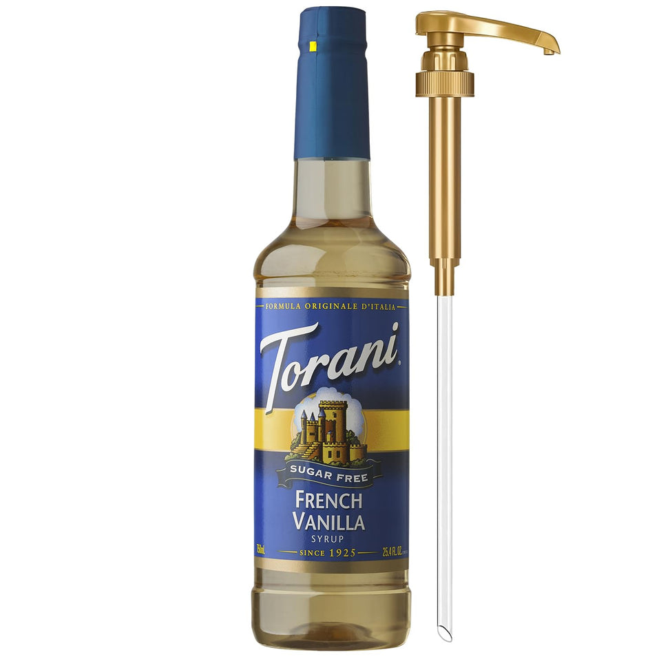 Torani Sugar Free French Vanilla bottle with pump for mess-free flavoring.