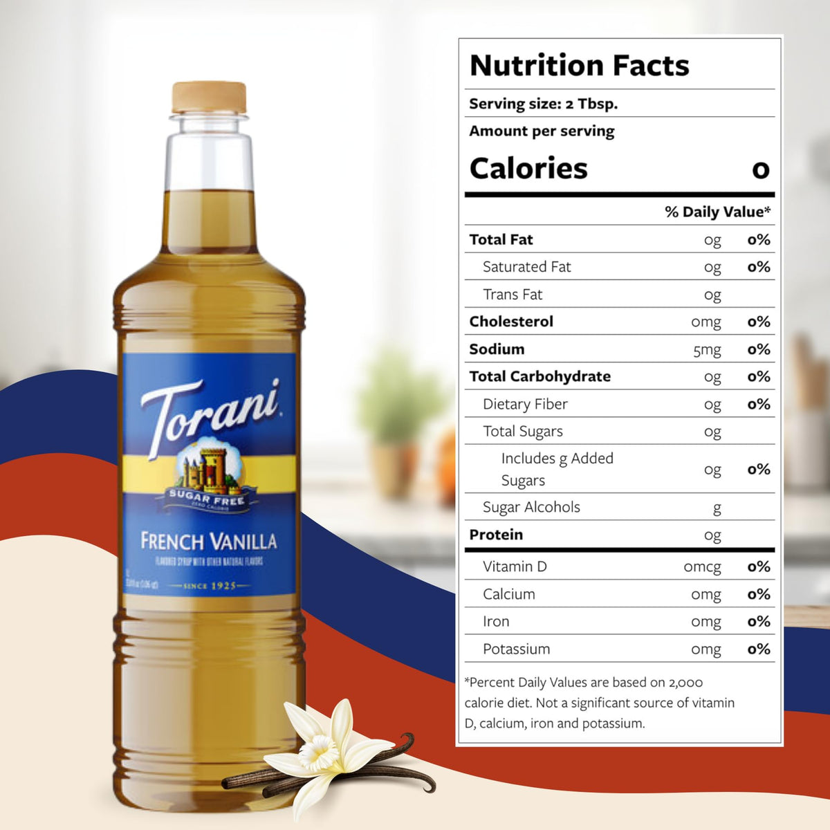 Torani Sugar Free French Vanilla shown with dessert pairing for keto-friendly treats.