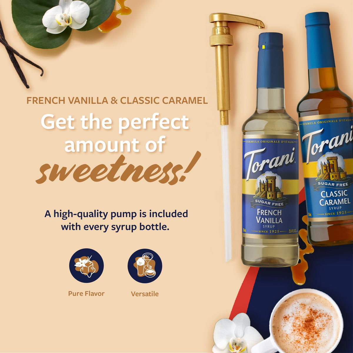 Torani sugar-free French vanilla syrup bottle enhances tea and desserts