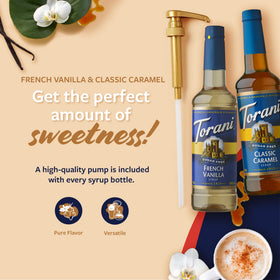 Torani sugar-free French vanilla syrup bottle enhances tea and desserts