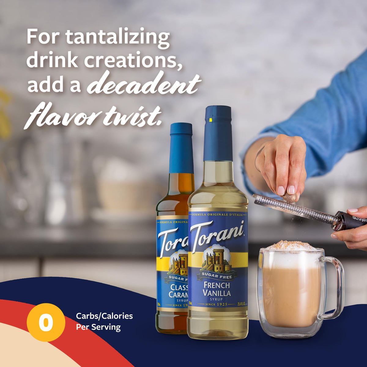 Torani sugar-free French vanilla syrup pump in action on latte