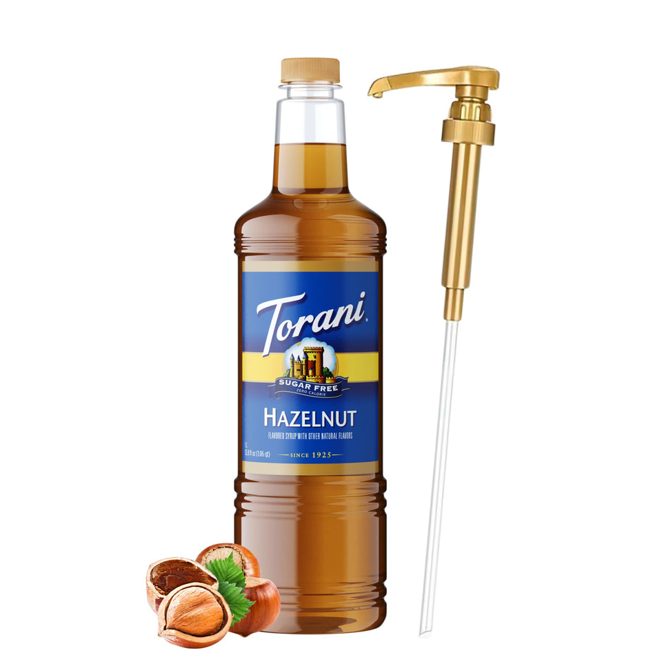 Torani Sugar Free Hazelnut bottle with pump for mess-free flavor shots.