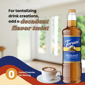 Torani hazelnut syrup dessert topping on cake or ice cream.