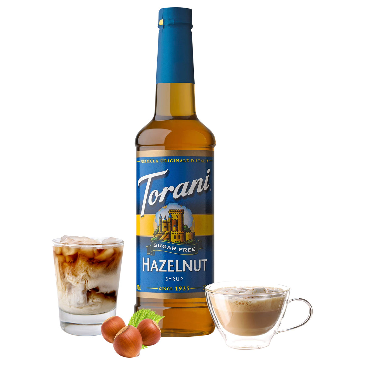 Pouring Torani Sugar Free Hazelnut syrup from bottle for coffee