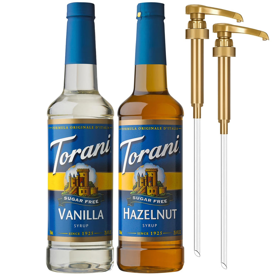 Torani Sugar-Free Hazelnut syrup bottle pouring for rich, low-calorie iced coffee.