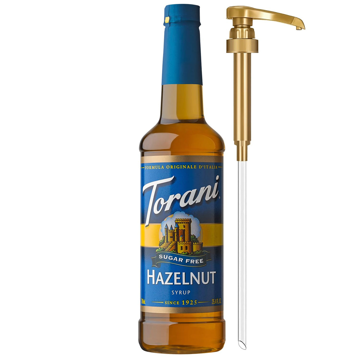 Torani Sugar Free Hazelnut Syrup bottle with pump for easy flavoring in coffee.