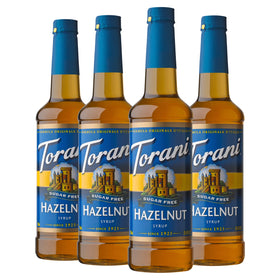 Torani Sugar Free Hazelnut syrup bottle showing zero-calorie flavor option
