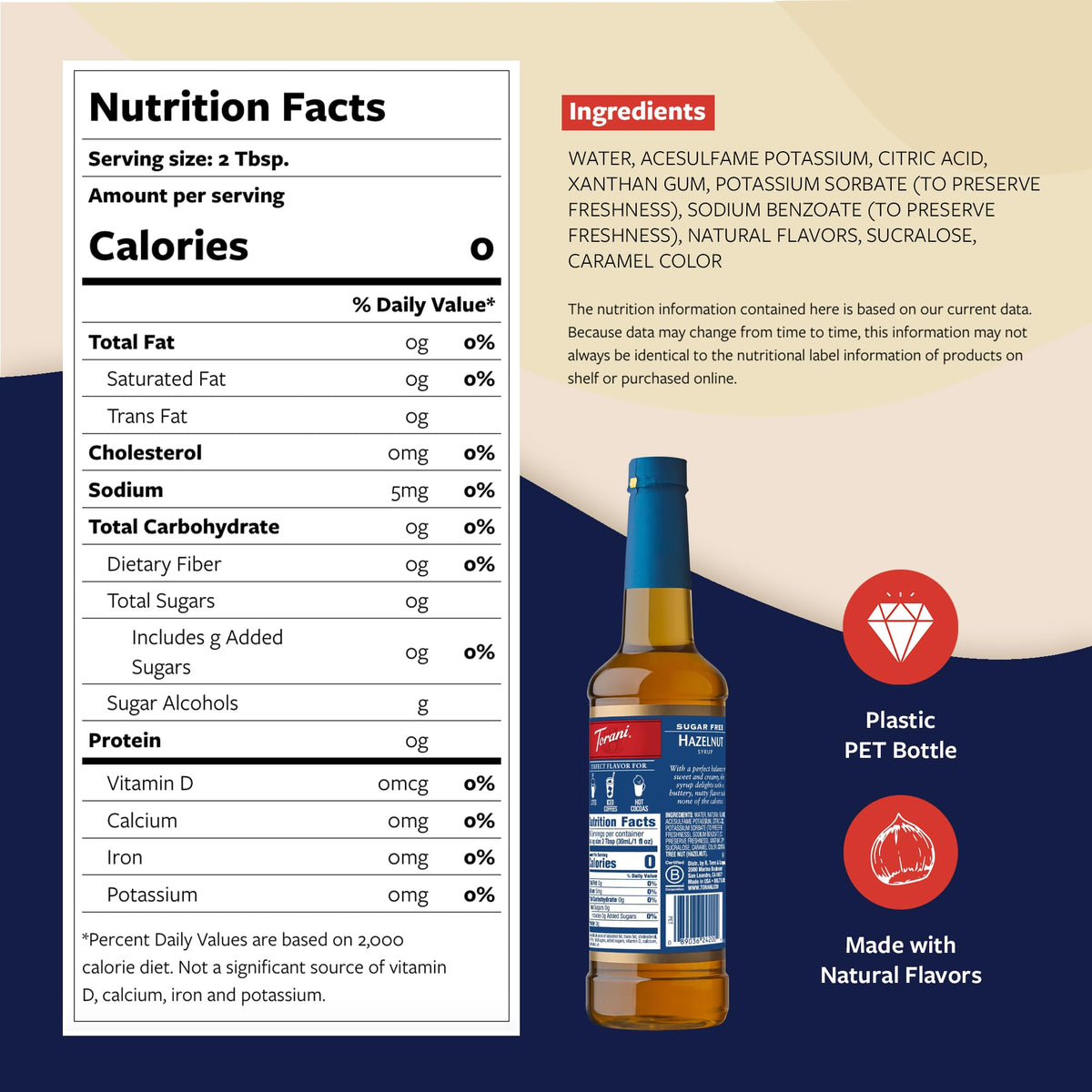 Torani Sugar Free Hazelnut Syrup ingredients label showing transparency and ingredients.