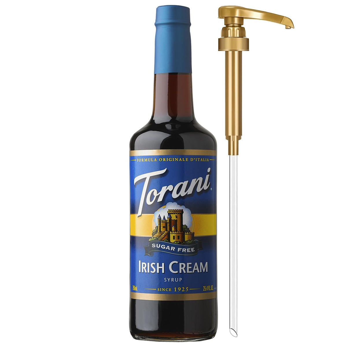 Torani Sugar Free Irish Cream Syrup bottle with pump for mess-free sweetening.