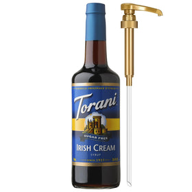 Torani Sugar Free Irish Cream Syrup bottle with pump for mess-free sweetening.