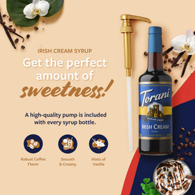 Torani Irish Cream sugar-free syrup over ice highlighting calorie-free sweetness.