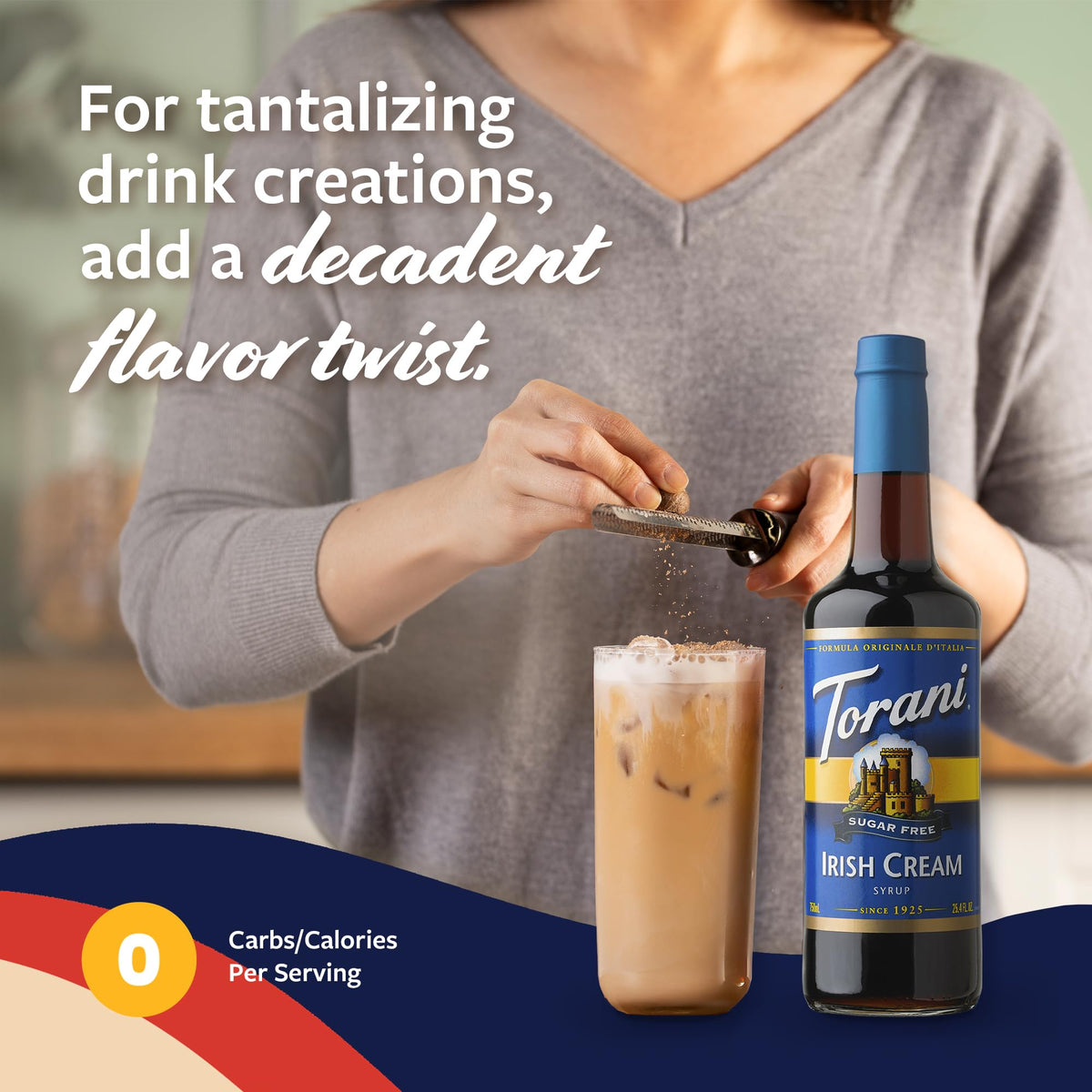 Torani sugar-free Irish Cream syrup glass bottle closeup with premium packaging.