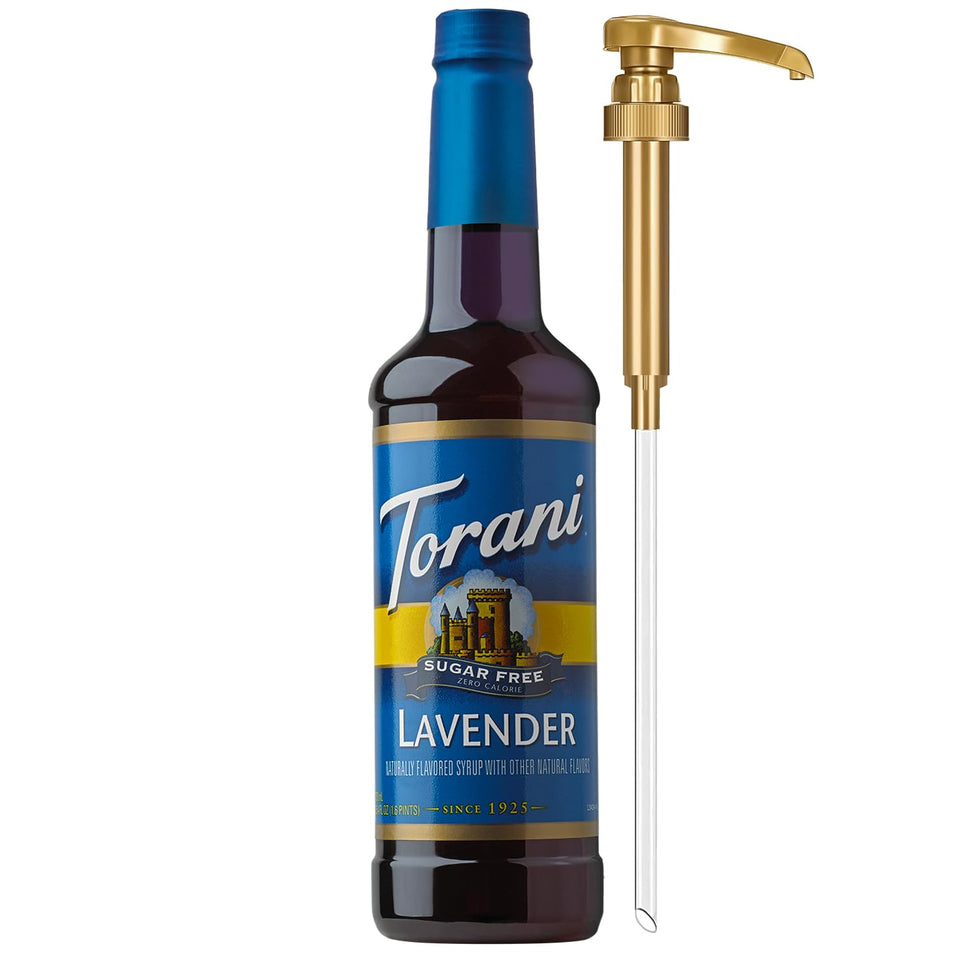 Torani Sugar Free Lavender bottle on a counter, showcasing zero calories