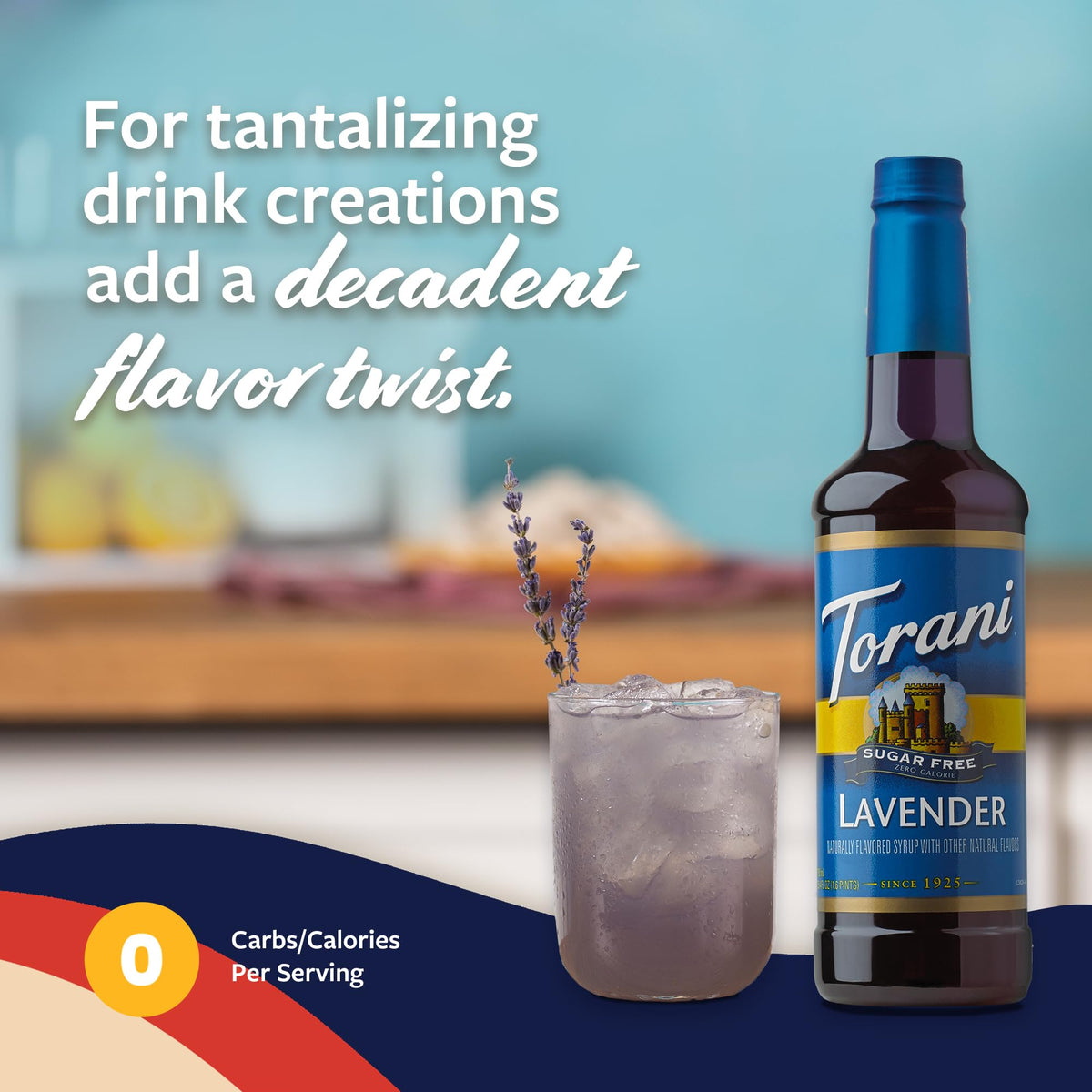 Elegant cocktail setup featuring Torani Sugar Free Lavender syrup